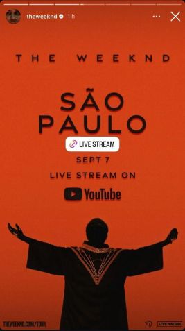 Show de The Weeknd em São Paulo será transmitido no YouTube • Instagram/The Weeknd