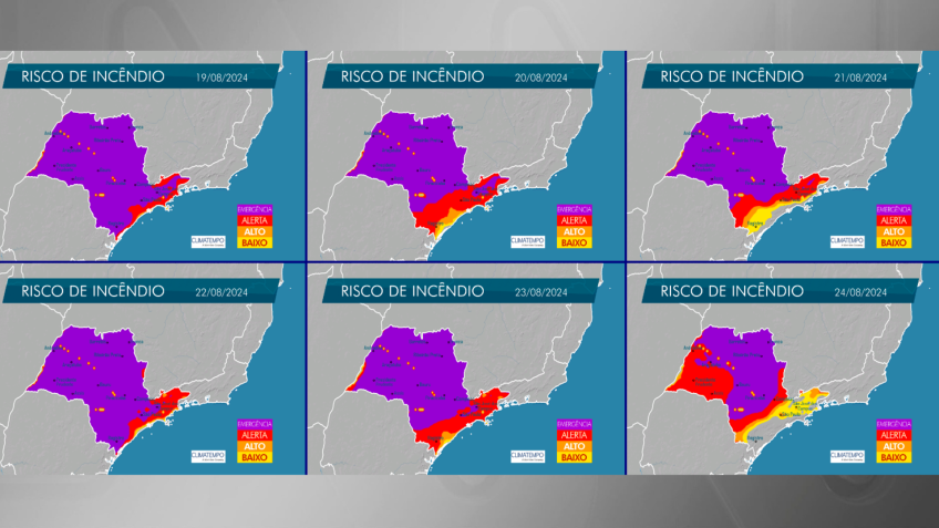 Mapa com os riscos de incêndios florestais / Divulgação/Defesa Civil de SP