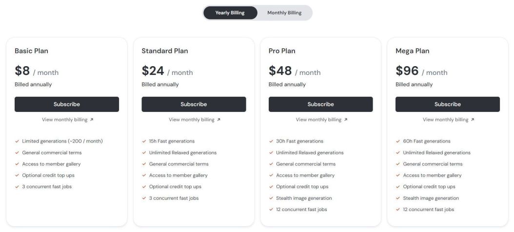 Os valores dos planos do Midjourney variam de US$ 8 até US$ 96 por mês. / Crédito: Midjourney