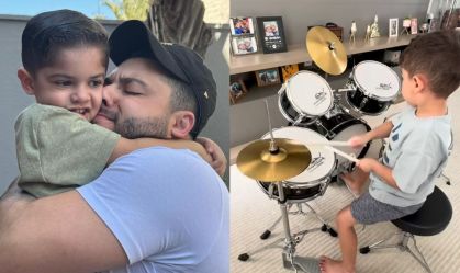 Murilo Huff orientou o filho durante a prática no instrumento musical