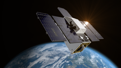 Montagem artística que retrata o primeiro satélite Tanager da Carbon Mapper Coalition, que usará a tecnologia de espectrômetro de imagem desenvolvida no JPL para medir emissões pontuais de gases de efeito estufa