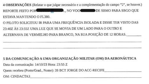 Relato feito pela tripulação de voo da Azul em outubro de 2023
