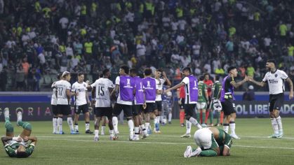 Jogadores do Palmeiras lamentam, enquanto os do Botafogo comemoram a classificação na Libertadores