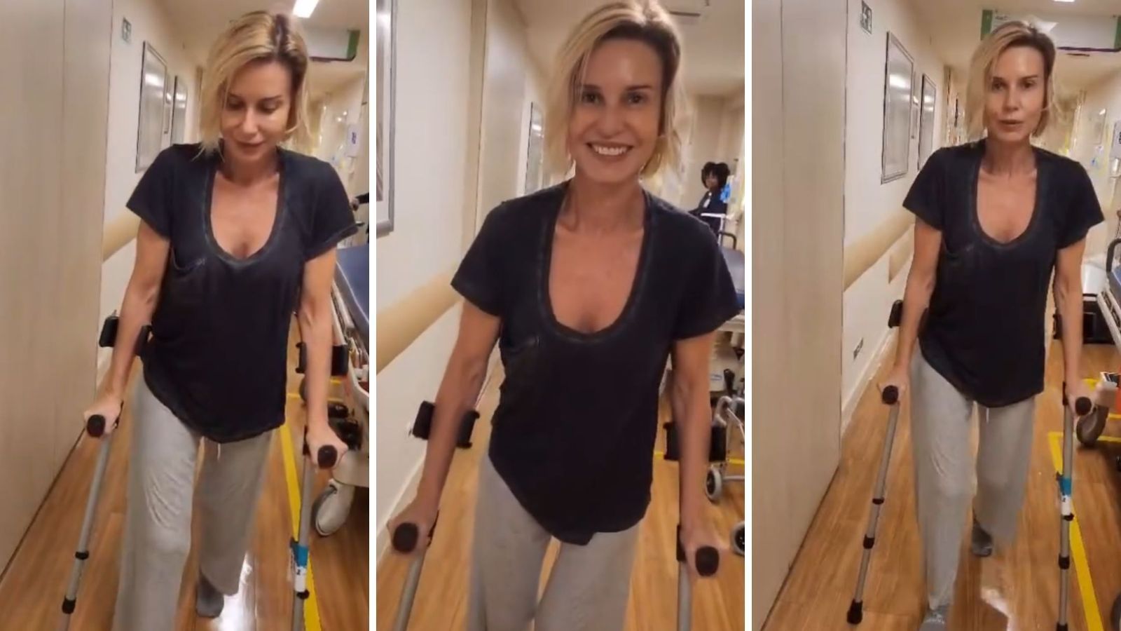 Paula Burlamaqui treina com muletas após cirurgia no quadril