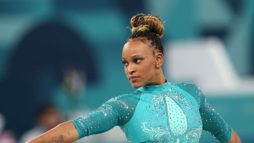 Rebeca Andrade na disputa do solo em Paris 2024