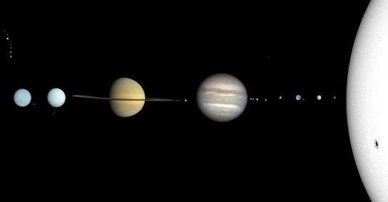 A ilustração apresenta uma versão do Sistema Solar.