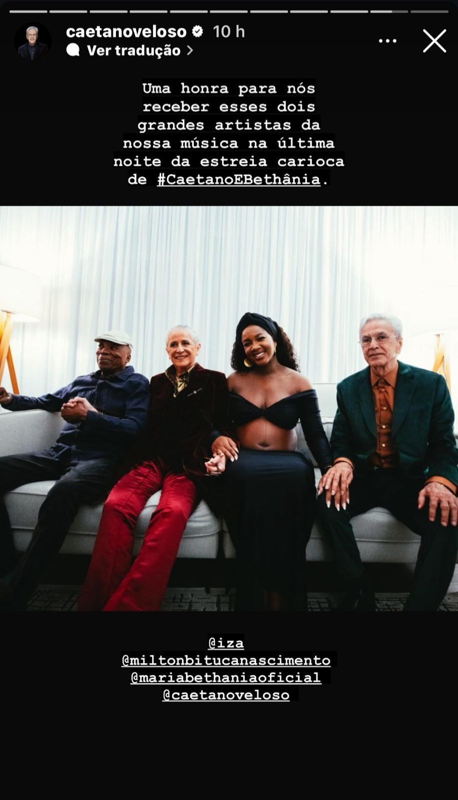 Encontro entre Milton Nascimento, Maria Bethânia, Iza e Caetano Veloso / Instagram/Caetano Veloso