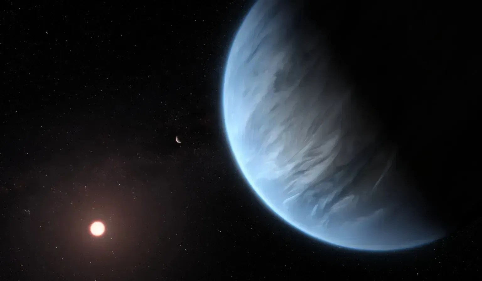 Representação artística do planeta K2-18b, cohecido por hospedar água. • ESA/Hubble, M. Kornmesser