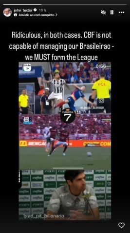 Postagem de Textor criticando a CBF / Reprodução/Instagram