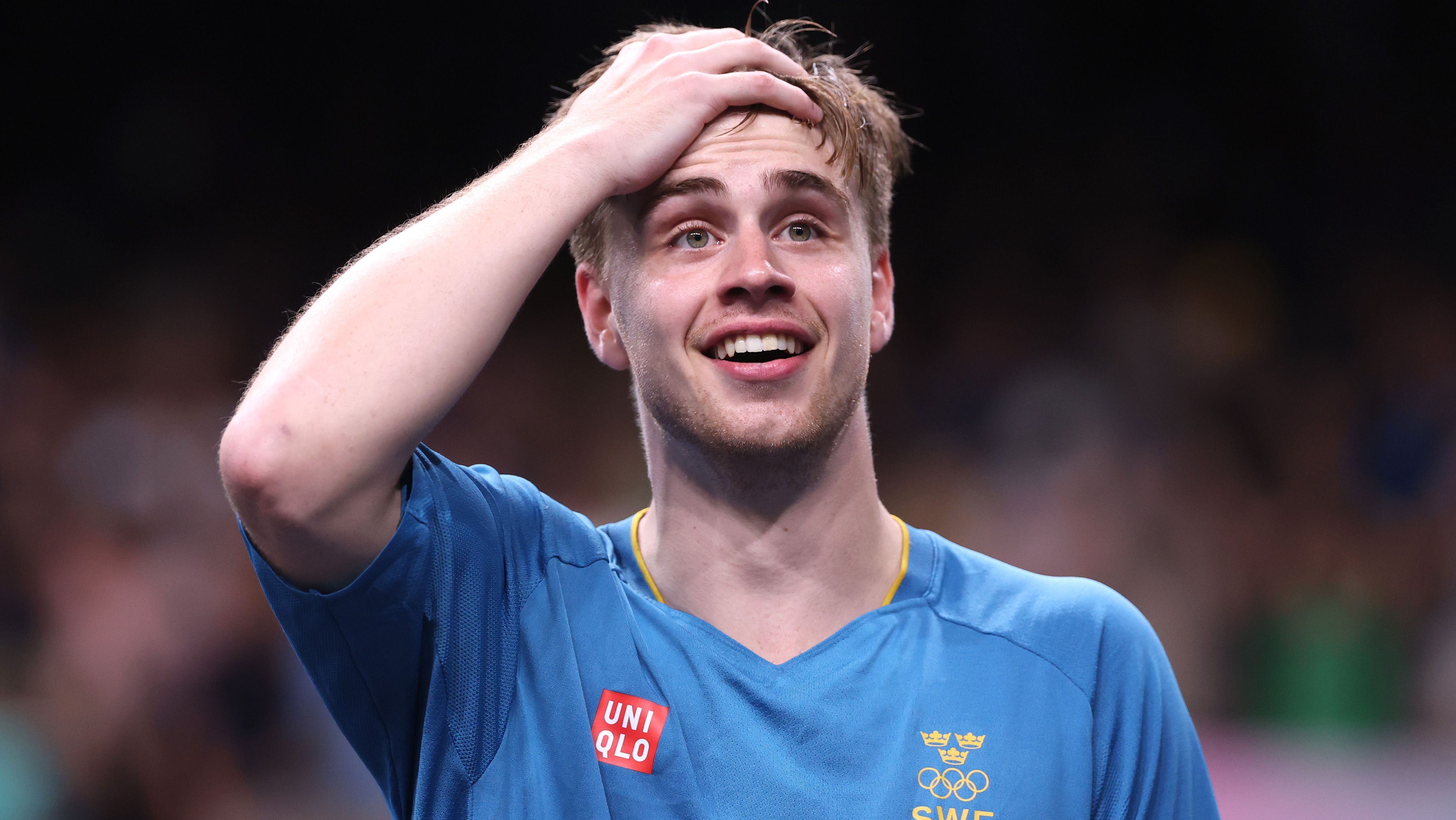 Truls Moregard parece não acreditar após vencer Hugo Calderano em Paris 2024