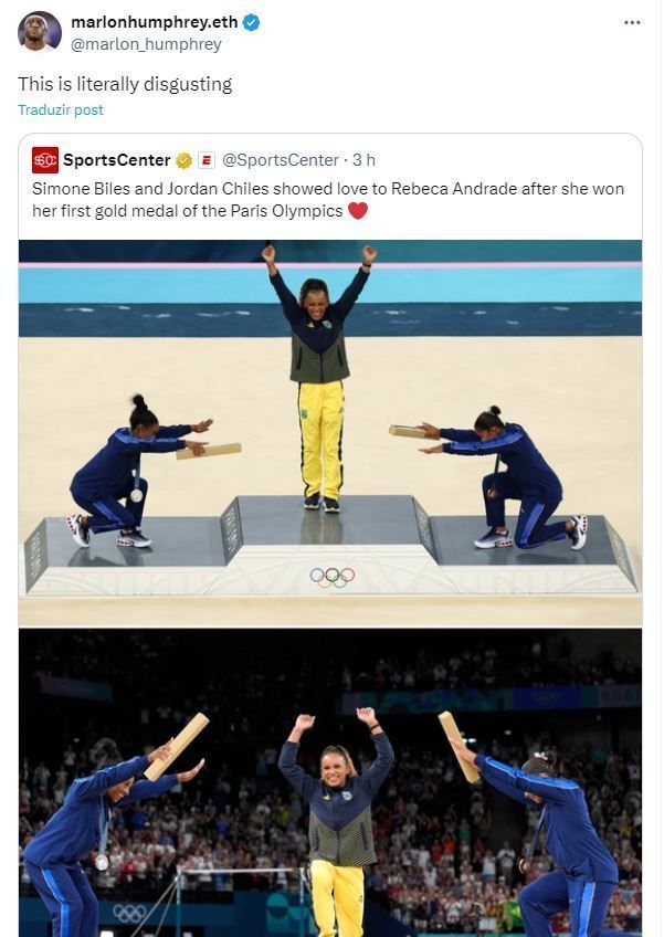 Marlon Humphrey repudia reverência de Simone Biles e Jordan Chiles a Rebeca Andrade / Reprodução/X/Marlon N. Humphrey