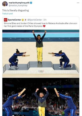 Marlon Humphrey repudia reverência de Simone Biles e Jordan Chiles a Rebeca Andrade / Reprodução/X/Marlon N. Humphrey