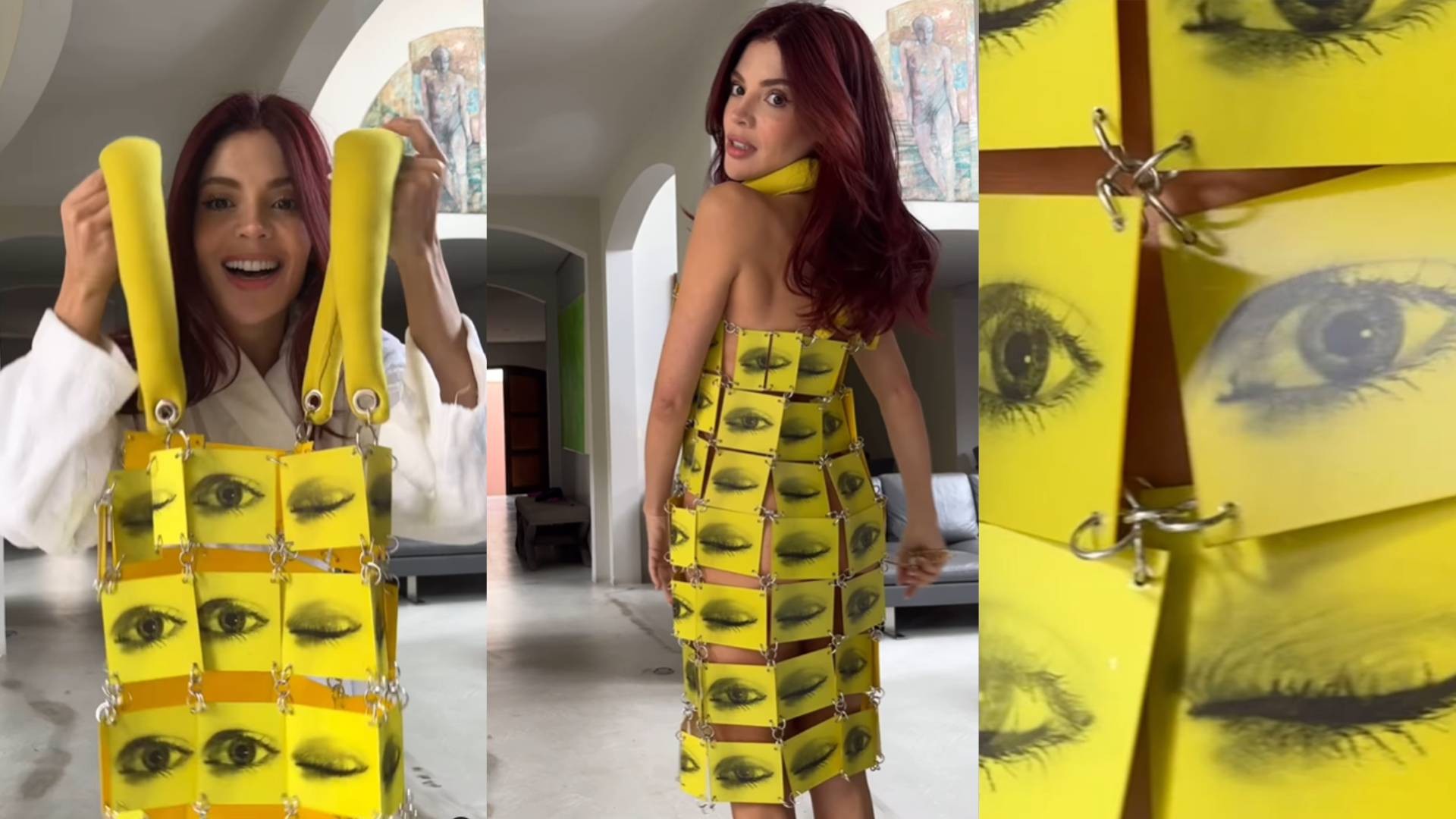 Vestido Mil Olhos, como é chamado no site do artista, é composto por quadrados de plástico estampados de imagens holográficas de olhos que abrem e fecham conforme o movimento do corpo