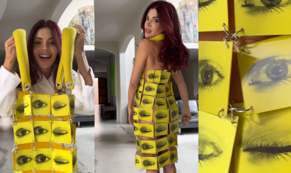 Vestido Mil Olhos, como é chamado no site do artista, é composto por quadrados de plástico estampados de imagens holográficas de olhos que abrem e fecham conforme o movimento do corpo