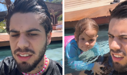 Zé Felipe diz que salvou Maria Flor de se afogar em piscina da nova mansão