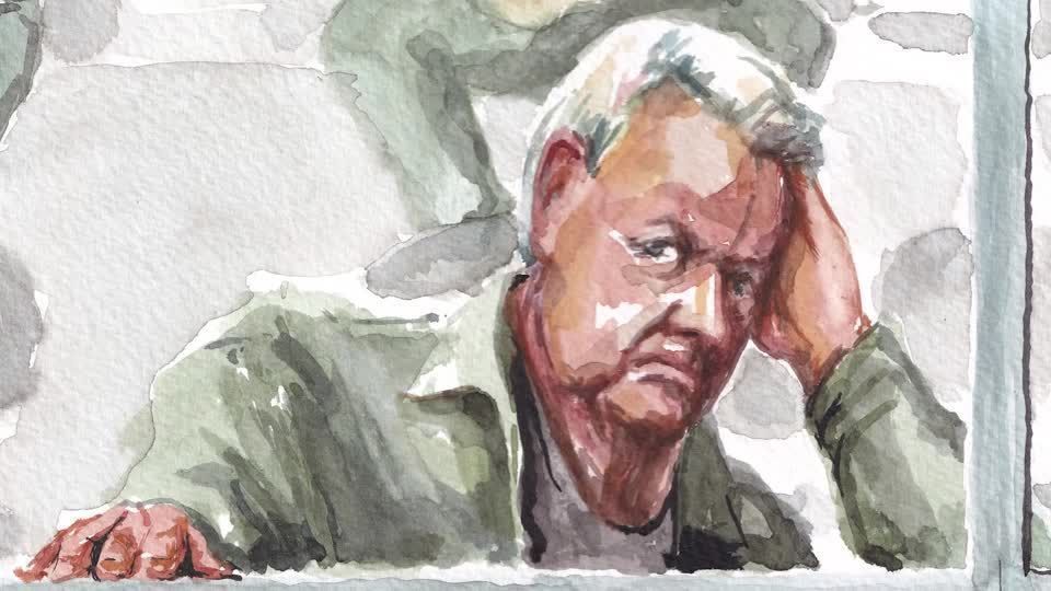 Esboço de Dominique Pelicot, francês acusado de estupro em massa da esposa, em tribunal.