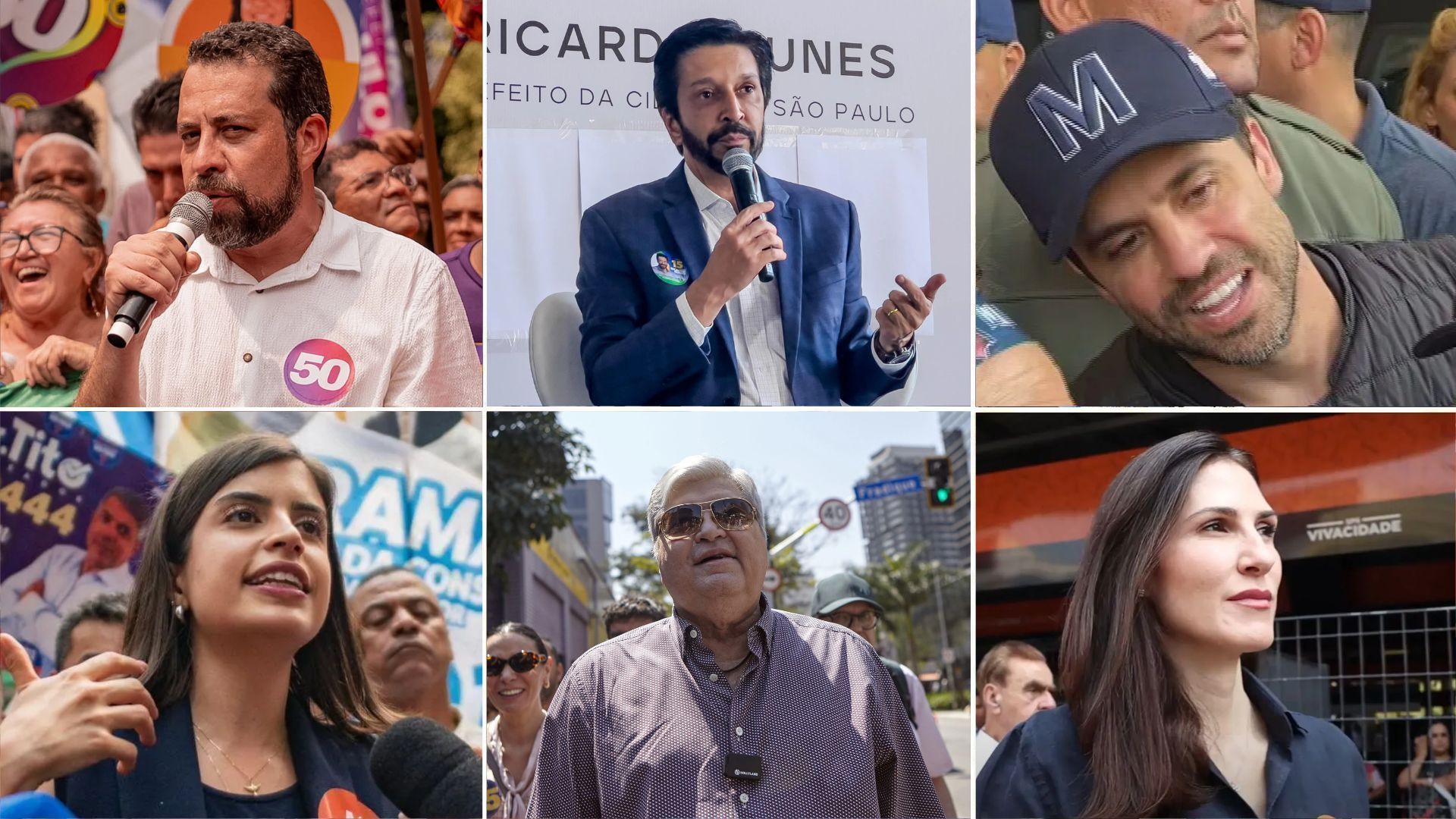 Candidatos à Prefeitura de SP Guilherme Boulos, Ricardo Nunes, Pablo Marçal, Tabata Amaral, Jose Luiz Datena e Marina Helena em campanha