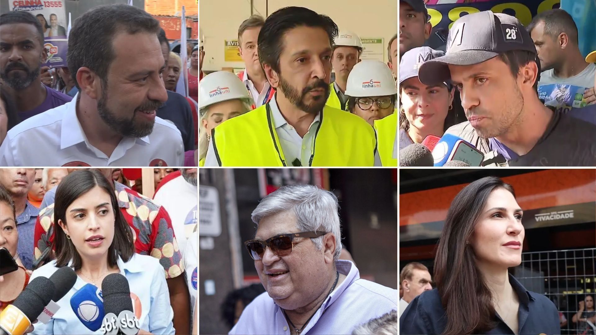 Candidatos à Prefeitura de São Paulo Guilherme Boulos, Ricardo Nunes, Pablo Marçal, Tabata Amaral, Jose Luiz Datena e Marina Helena em campanha