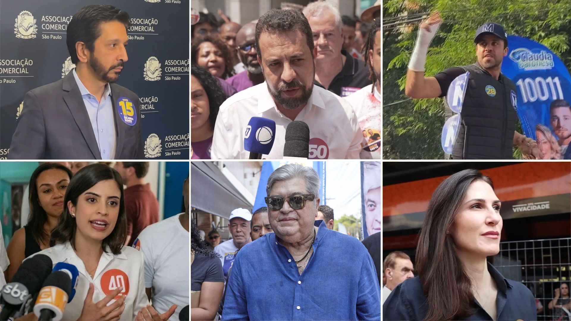 Candidatos à Prefeitura de São Paulo, Ricardo Nunes, Guilherme Boulos, Pablo Marçal, Tabata Amaral, José Luiz Datena e Marina Helena em campanha