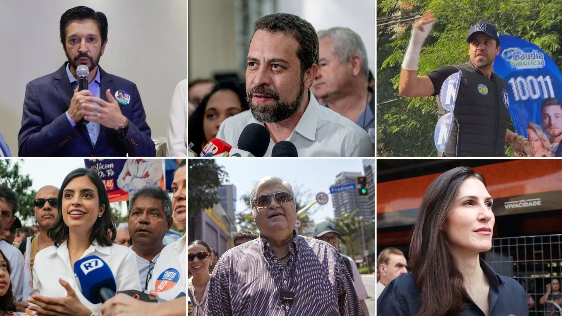 Candidatos à Prefeitura de São Paulo, Ricardo Nunes, Guilherme Boulos, Pablo Marçal, José Luiz Datena e Marina Helena em campanha