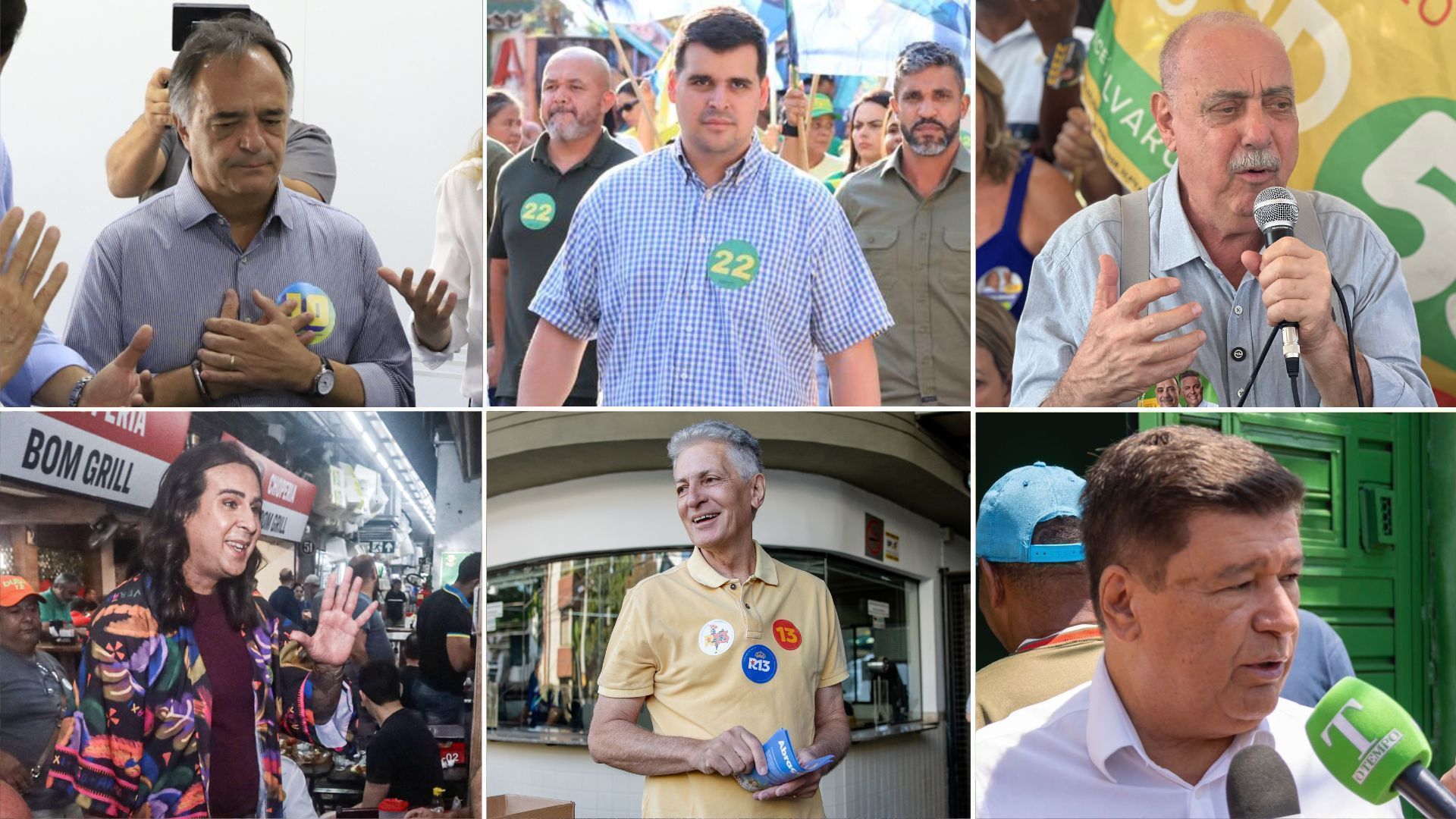 Candidatos à Prefeitura de Belo Horizonte, Mauro Tramonte, Bruno Engler, Fuad Noman, Duda Salabert, Rogério Correia e Carlos Viana em campanha nesta quinta (26)