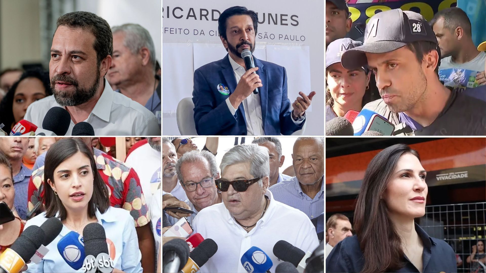 Candidatos à Prefeitura de São Paulo Guilherme Boulos, Ricardo Nunes, Pablo Marçal, Tabata Amaral, José Luiz Datena e Marina Helena em campanha
