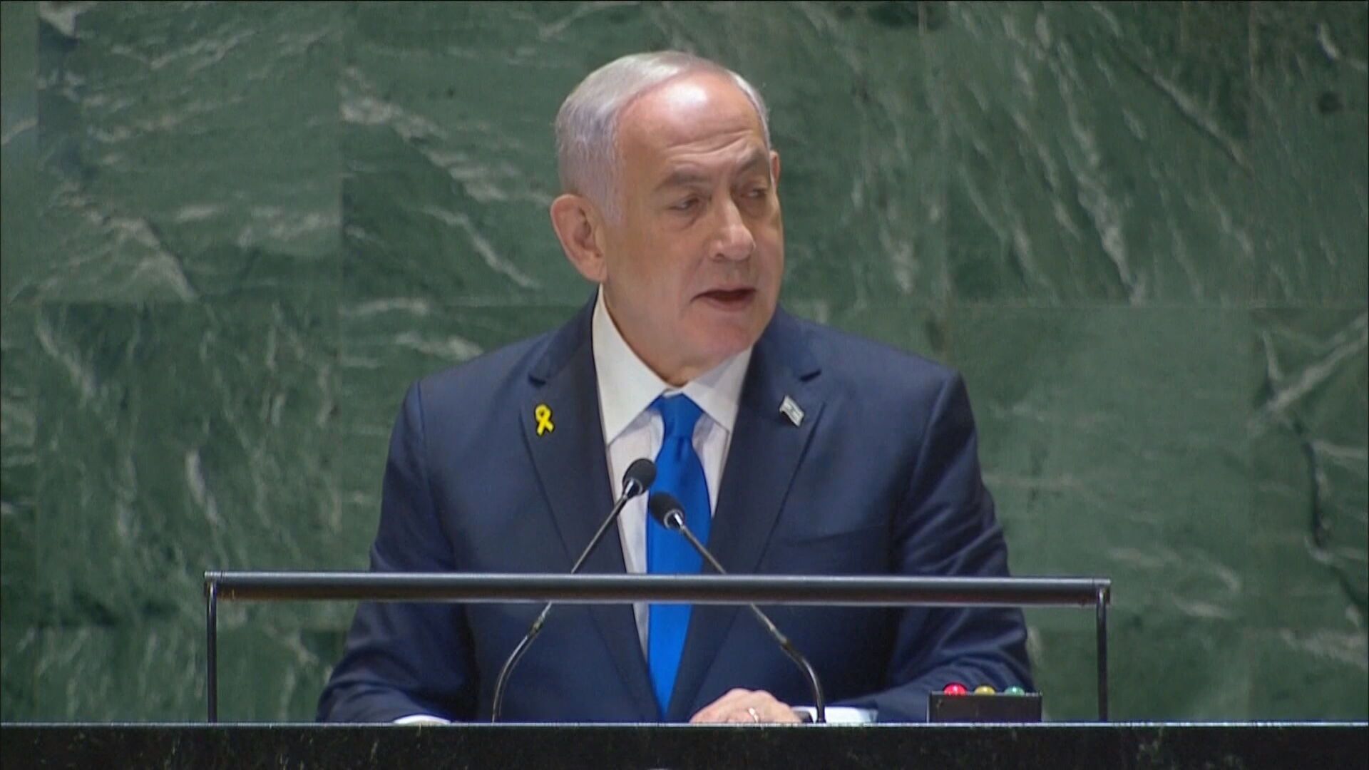 Premiê israelense Benjamin Netanyahu discursa na Assembleia Geral da ONU, em 27 de setembro de 2024.