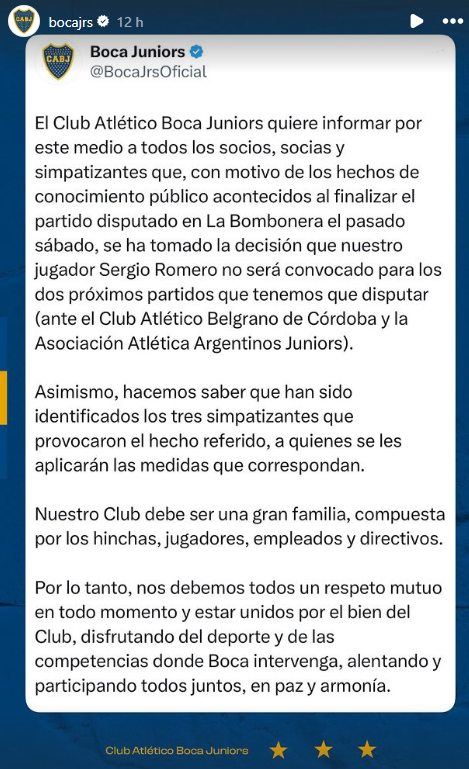Boca Juniors anuncia suspensão de Romero • Reprodução / Boca Juniors