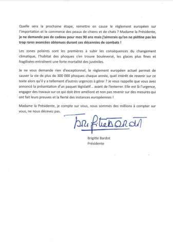 Carta de Brigitte Bardot enviada à presidente da Comissão Europeia • Reprodução/Fundação Brigitte Bardot