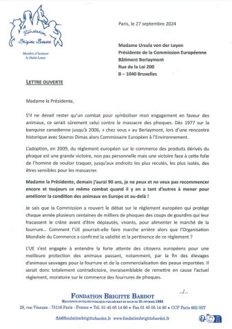 Carta de Brigitte Bardot enviada à presidente da Comissão Europeia • Reprodução/Fundação Brigitte Bardot