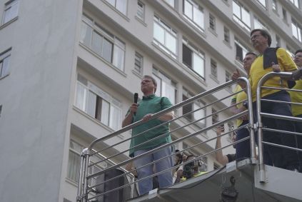 O governador do estado de São Paulo, Tarcísio de Freitas (Republicanos), discursa em ato na Avenida Paulista contra Alexandre de Moraes