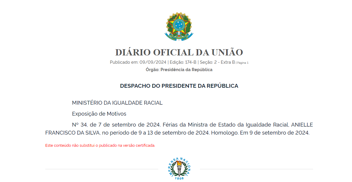 Período de férias para Anielle foi anunciado em edição extra do Diário Oficial • Reprodução