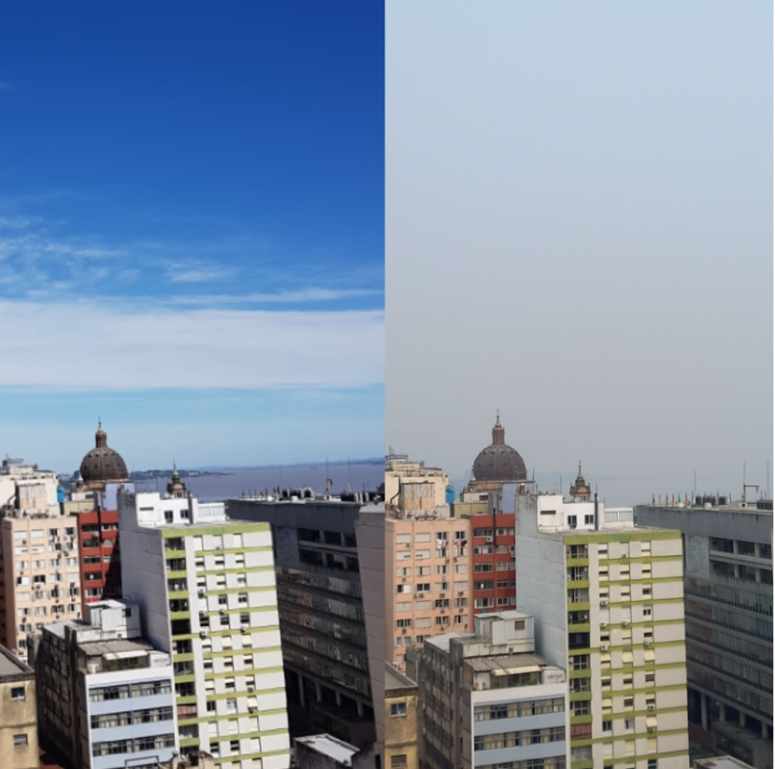 Comparação do céu da cidade de Porto Alegre (RS) para demonstrar os efeitos das queimadas na região • Bruna Rossales/DCRS