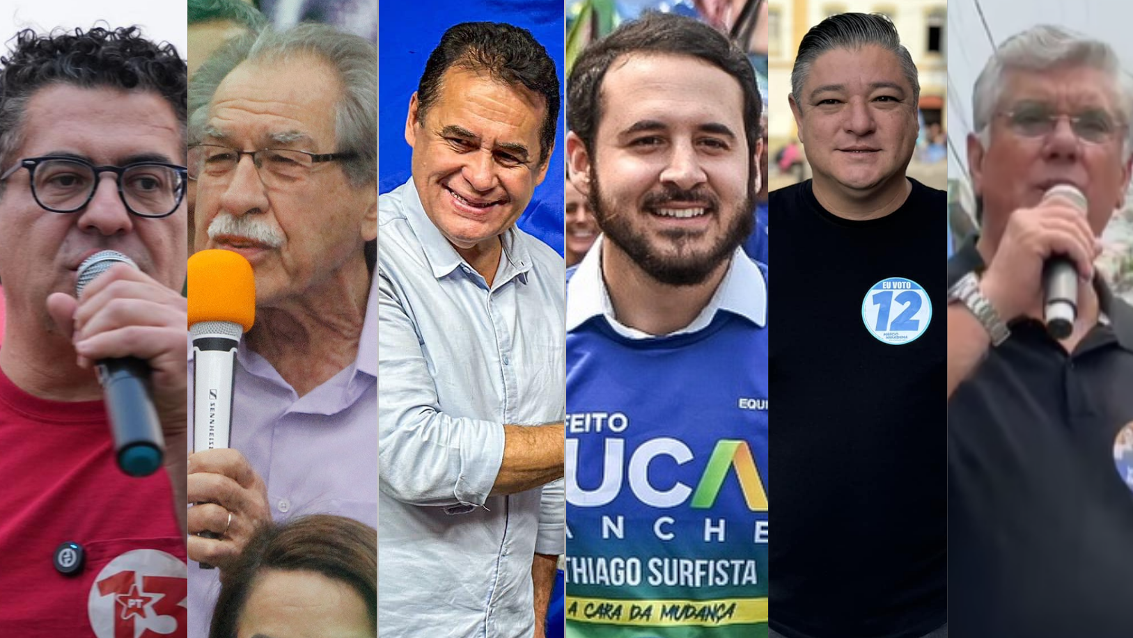 Os candidatos a prefeito de Guarulhos (SP) Alencar Santana, Elói Pietá, Jorge Wilson, Lucas Sanches, Márcio Nakashima e Waldomiro Ramos