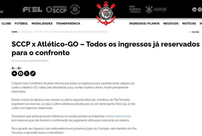 Corinthians divulga nota sobre ingressos esgotados para a possível estreia de Memphis Depay • Reprodução/Corinthians