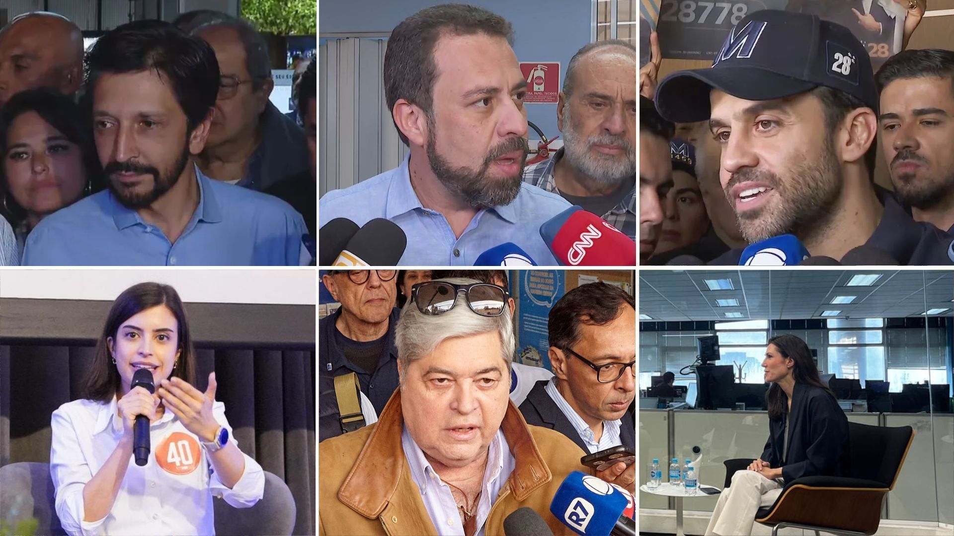 Candidatos à Prefeitura de São Paulo, Ricardo Nunes, Guilherme Boulos, Pablo Marçal, Tabata Amaral, Jose Luiz Datena e Marina Helena em campanha nesta quinta-feira (19)