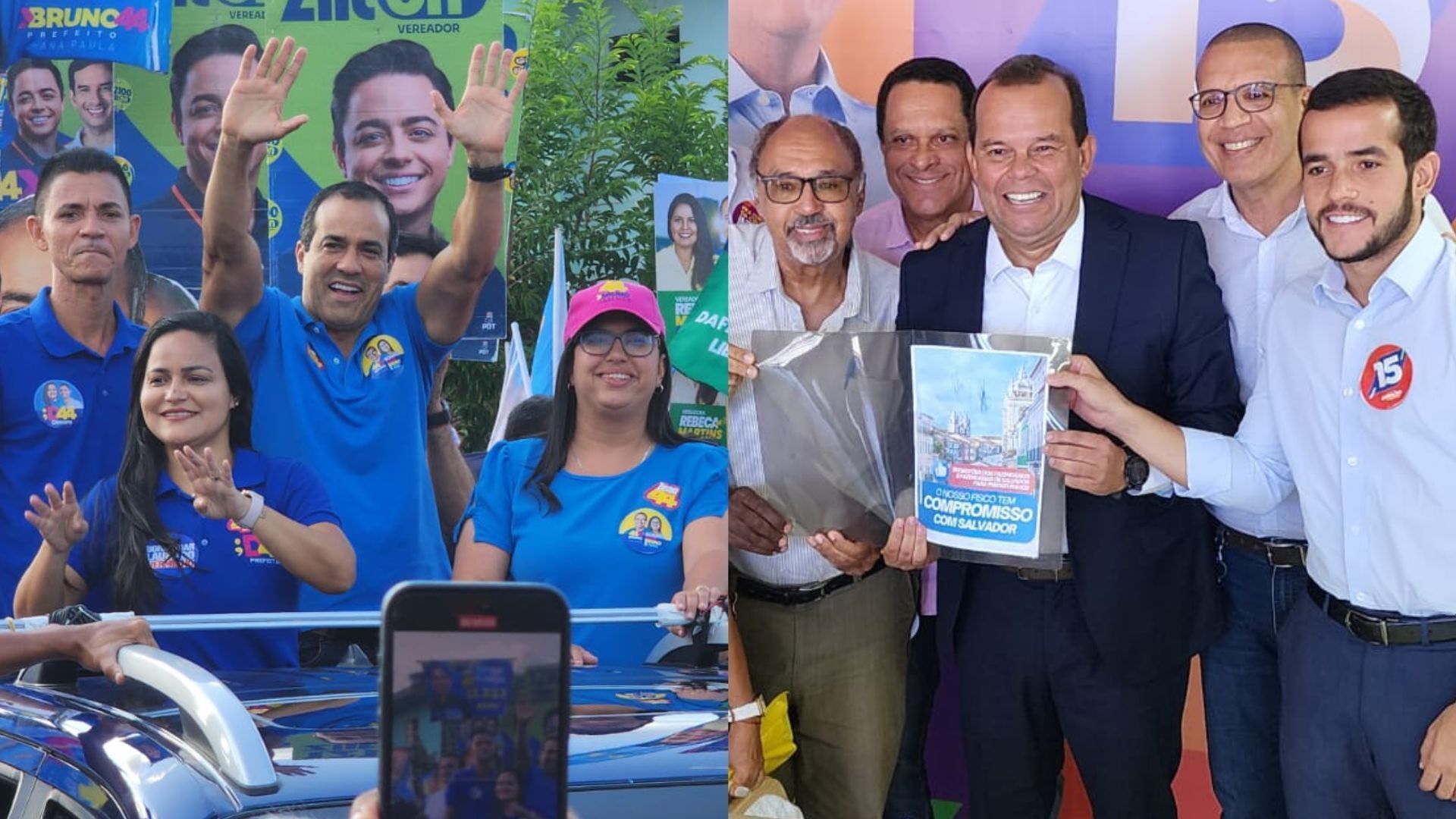 Candidatos Bruno Reis (direita) e Geraldo Júnior (esquerda) em campanha nesta quinta-feira (19)