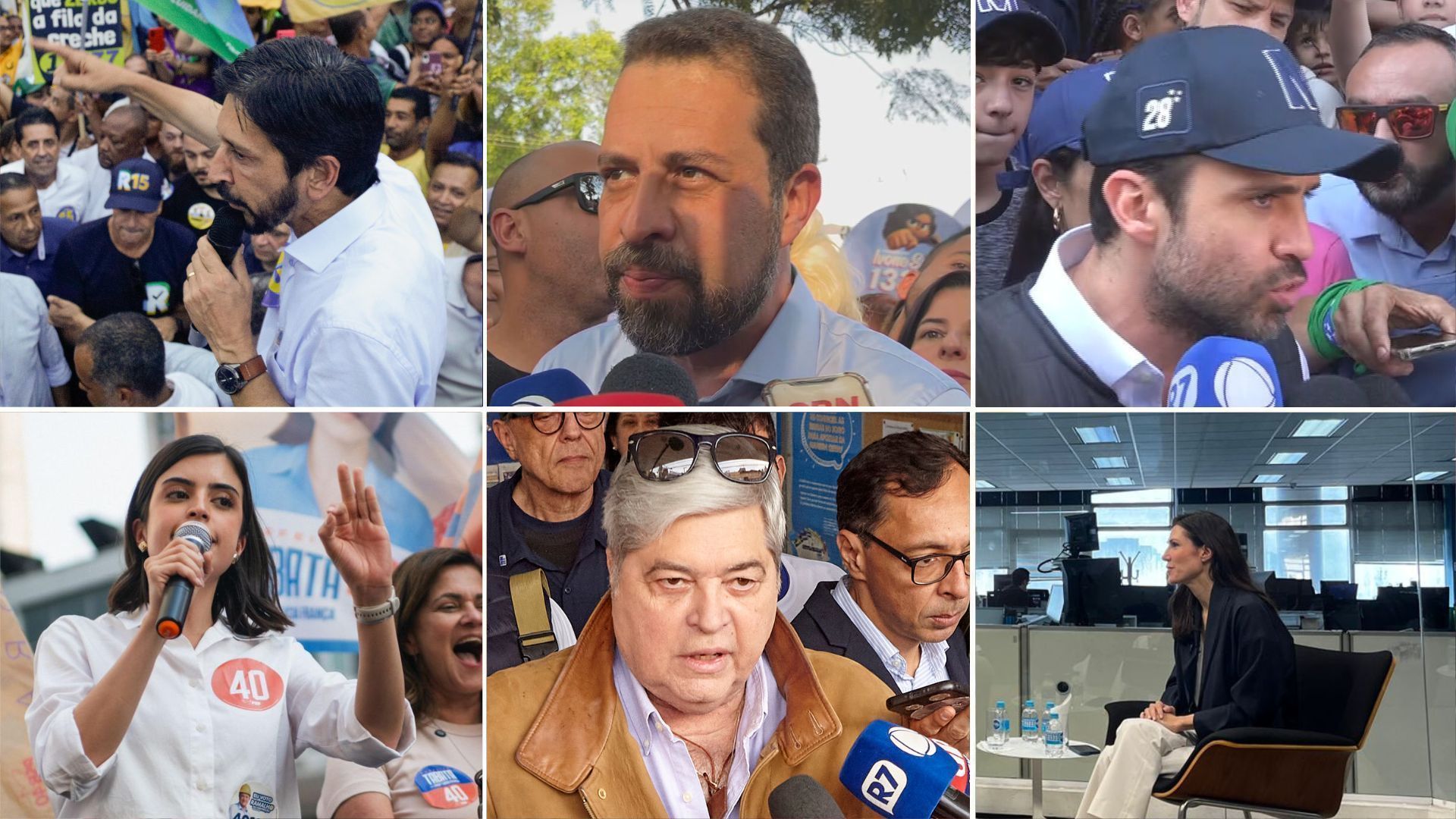 Candidatos à Prefeitura de São Paulo Ricardo Nunes, Guilherme Boulos, Pablo Marçal, Tabata Amaral, José Luiz Datena e Marina Helena em campanha