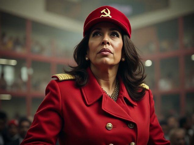 Imagem falsa de Kamala Harris em "uniforme comunista" postada por Elon Musk no X, conforme informou a CNN Internacional • Reprodução/CNN Internacional/X