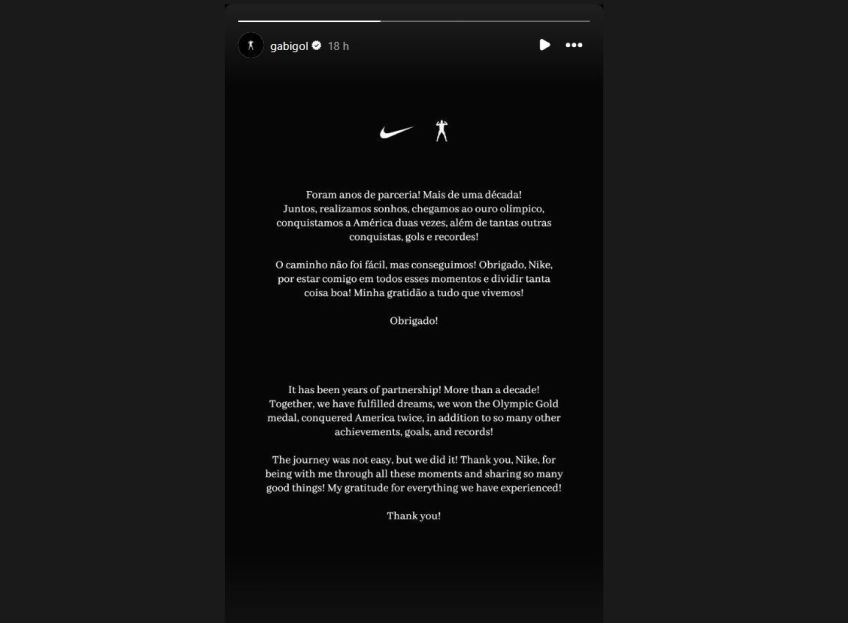 Gabigol agradece patrocinadora que o acompanhou por mais de 10 anos • Reprodução/Instagram