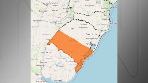 Cor laranja indica as áreas do Rio Grande do Sul que podem ser afetadas por temporais