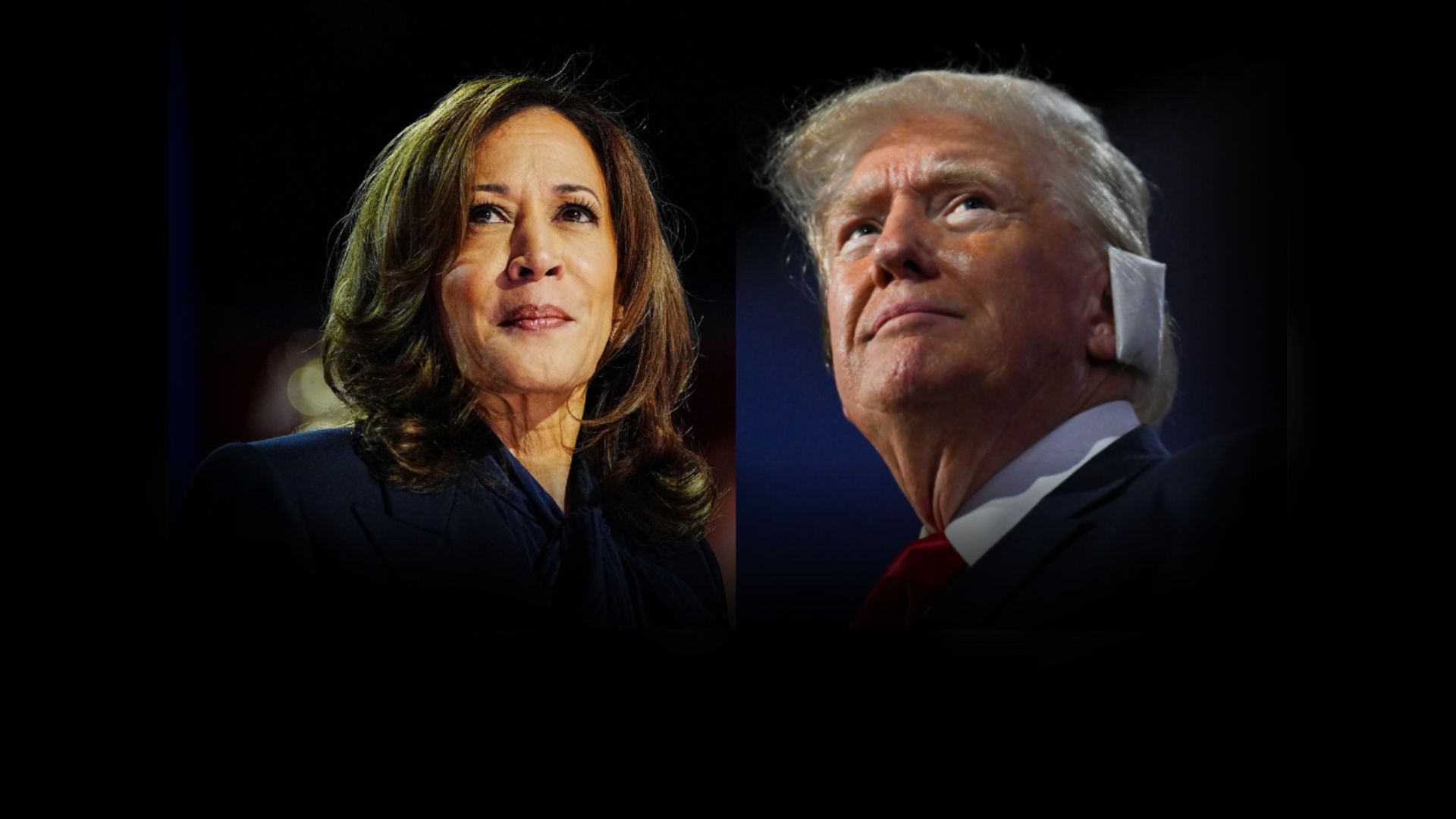 A vice-presidente dos EUA Kamala Harris (e) na convenção democrata em 22 de agosto de 2024, e o ex-presidente Donald Trump na convenção republicana em Milwaukee, em 15 de julho de 2024