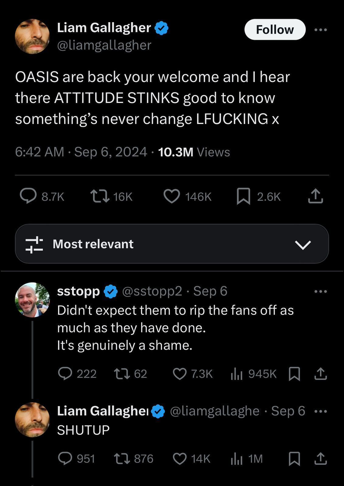 Liam se manifesta no X sobre a venda de ingressos para o show do Oasis • Reprodução/X/@liamgallage