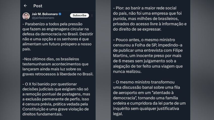 Mensagem de Jair Bolsonaro no X publicada nesta quarta-feira (18) • Reprodução