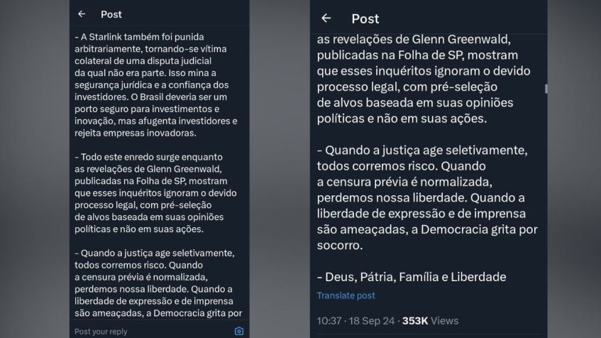 Continuação da mensagem de Jair Bolsonaro no X publicada nesta quarta-feira (18) • Reprodução
