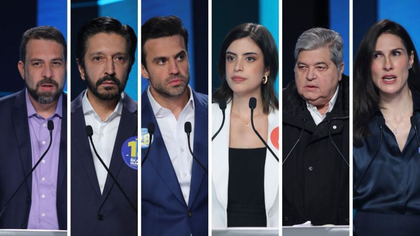 Boulos, Nunes, Marçal, Tabata, Datena e Marina Helena no debate entre os candidatos a prefeito de São Paulo na TV Record • 28/09/2024 - Antonio Chahestian/Record