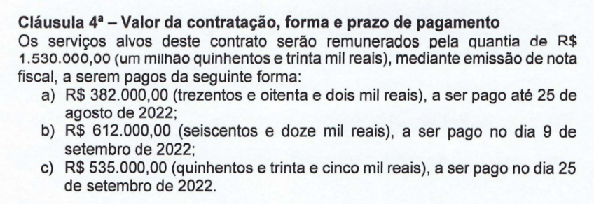 Forma de pagamento entre a campanha de Kalil e a empresa de Manuela d'Ávila • Reprodução