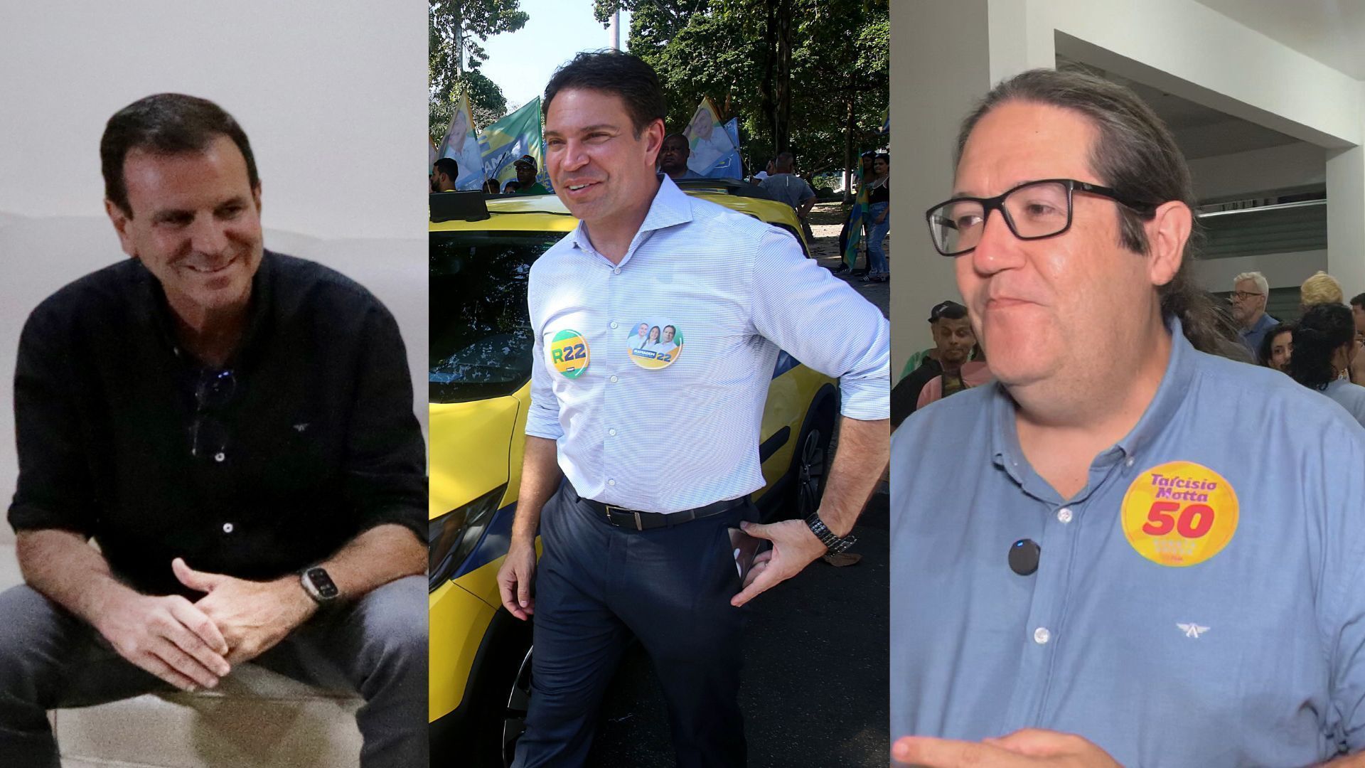 Candidatos à Prefeitura do Rio Eduardo Paes, Alexandre Ramagem e Tarcísio Motta em campanha