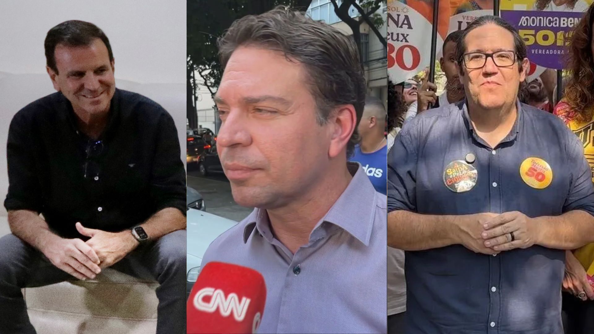 Candidatos à Prefeitura do Rio de Janeiro, Eduardo Paes, Alexandre Ramagem e Tarcísio Motta em campanha