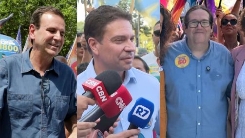 Candidatos à Prefeitura do Rio de Janeiro, Eduardo Paes, Alexandre Ramagem e Tarcísio Motta em campanha